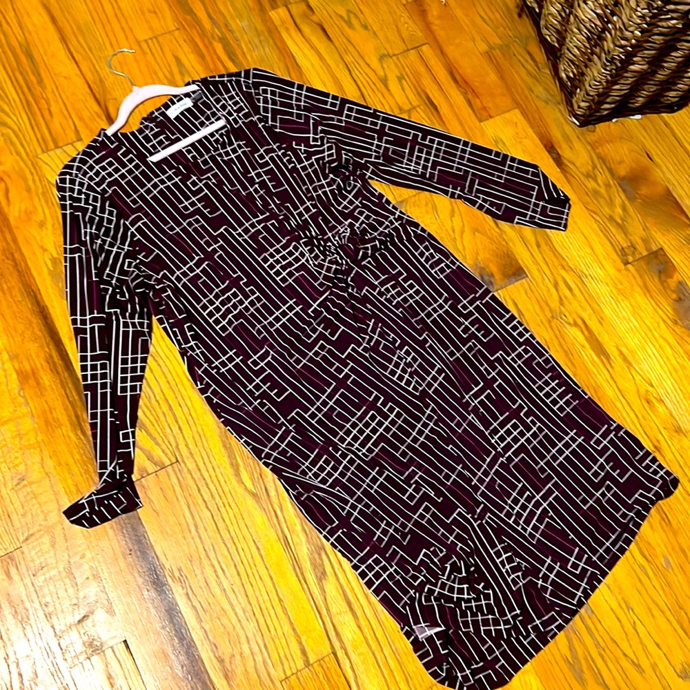 CK Purple Geometric Patterned Dress - Long Sleeve Knot Front XL